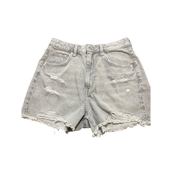 H&M Divided Gray Distressed Denim Jean Bootie Shorts High Rise Raw Hem Sz 6 - Picture 1 of 4